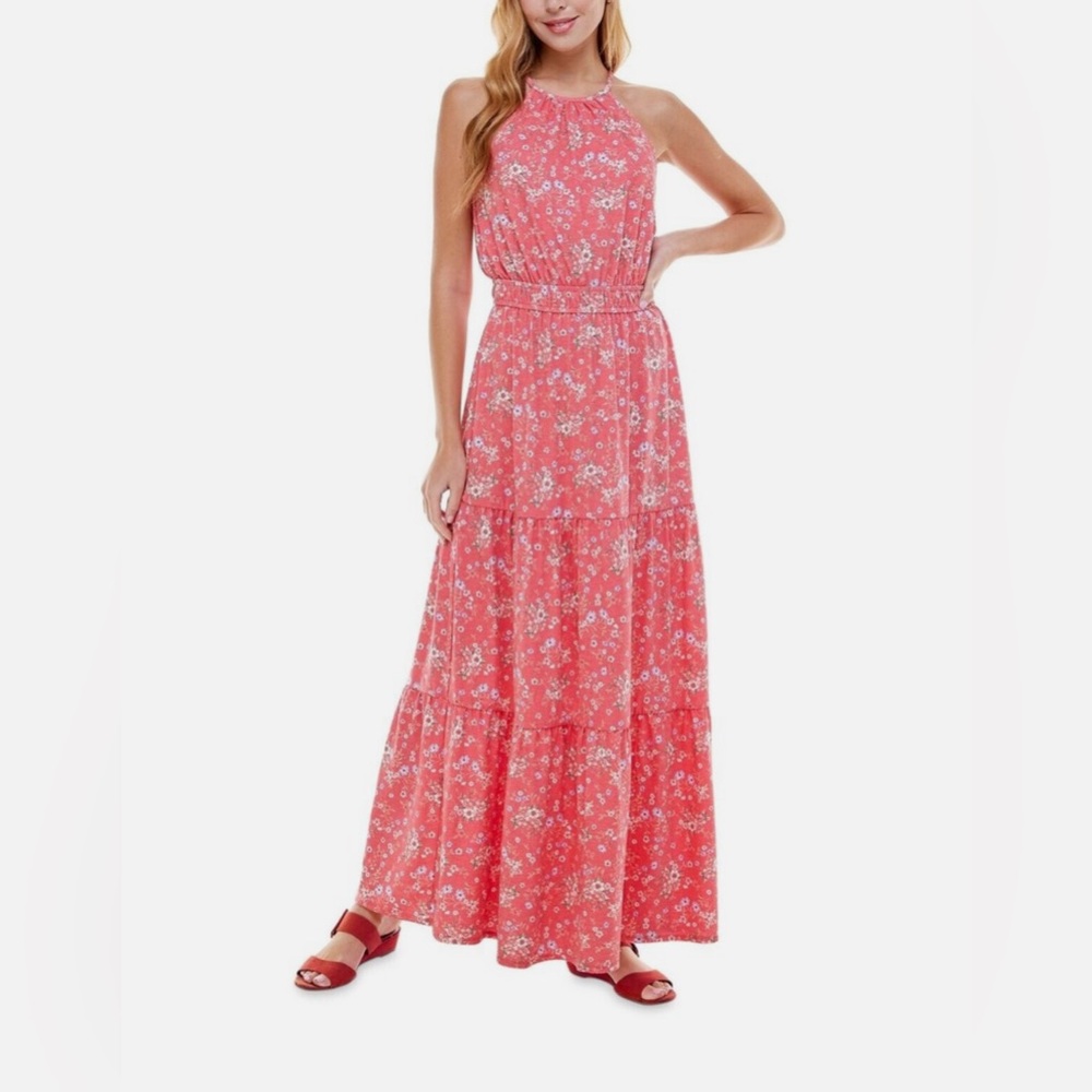 Kingston Coral Pink Floral Halter Maxi Dress